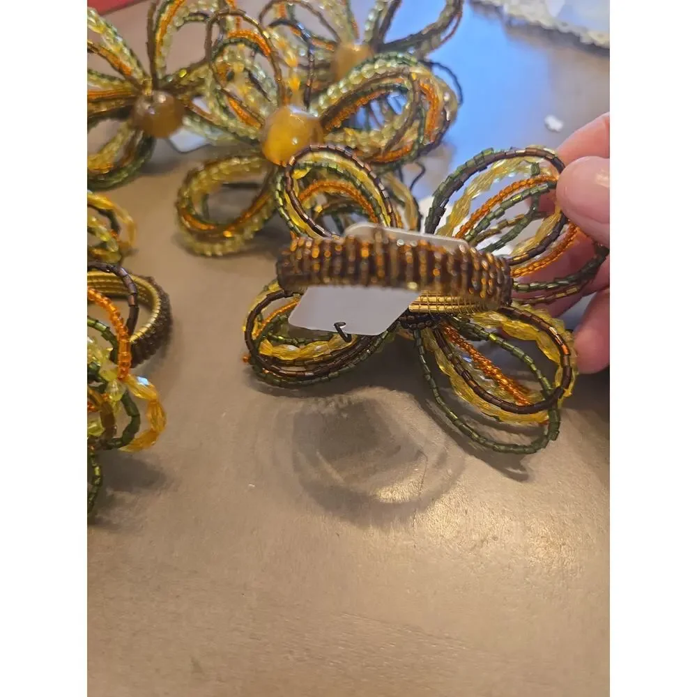 Set of 6 Beaded Flower Napkin Rings Autumn Fall Colors Gold Tone Wire Boho Decor